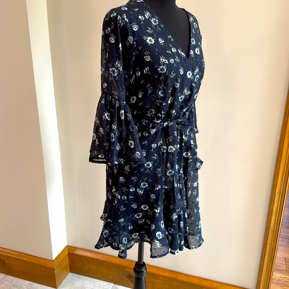 Altar’d State Women's Blue Floral Metallic
Stripe Mini Ruffle Dress Size Medium - Picture 3 of 6